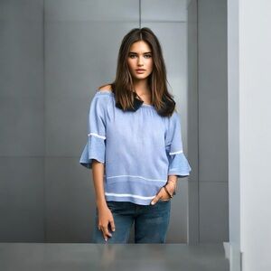 Ellelauri Women's‎ Off Shoulder Bell Sleeves Blue Stripe Blouse 3/4 sleeve Sz M